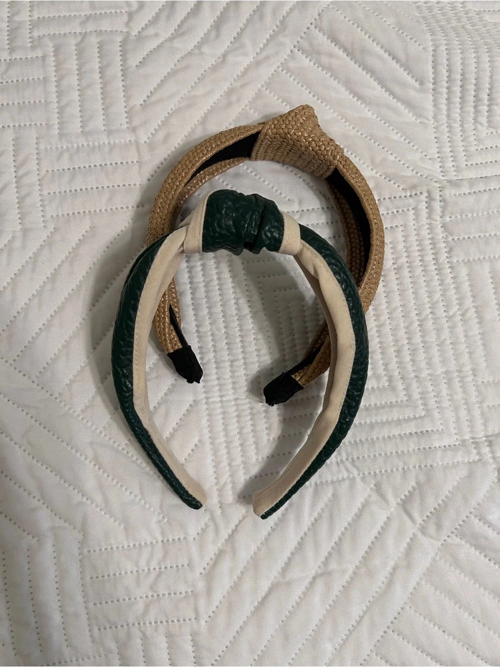 Woven Tan Padded Headband & Green Knotted Accent Headband Set